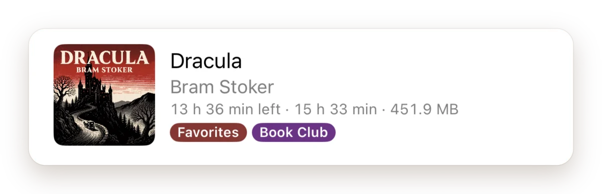 A book in the VerbaViva library, Dracula, with its two coloured tags, Favorites and Book Club.