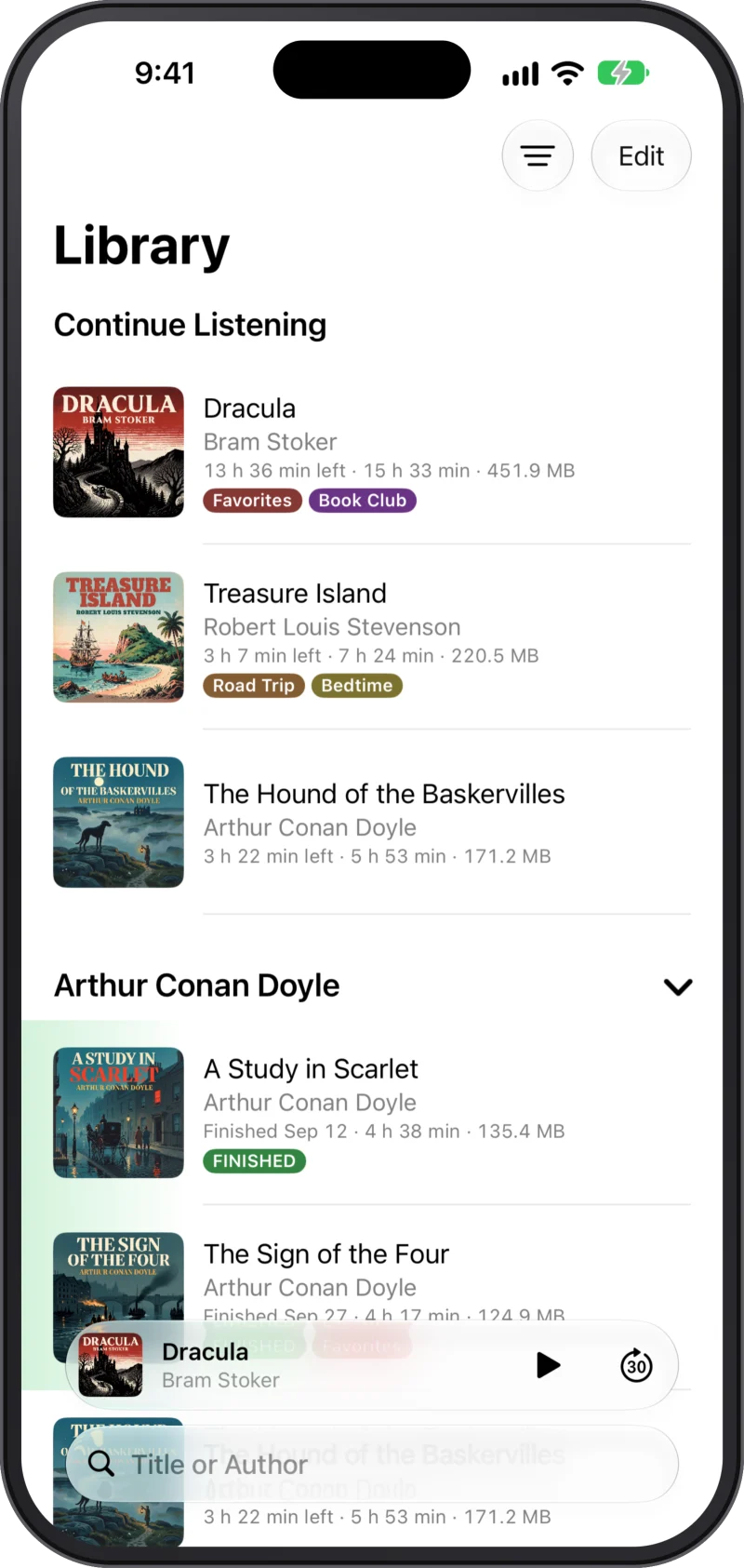 The VerbaViva library on an iPhone: Continue Listening, then books grouped by author, with coloured tags.