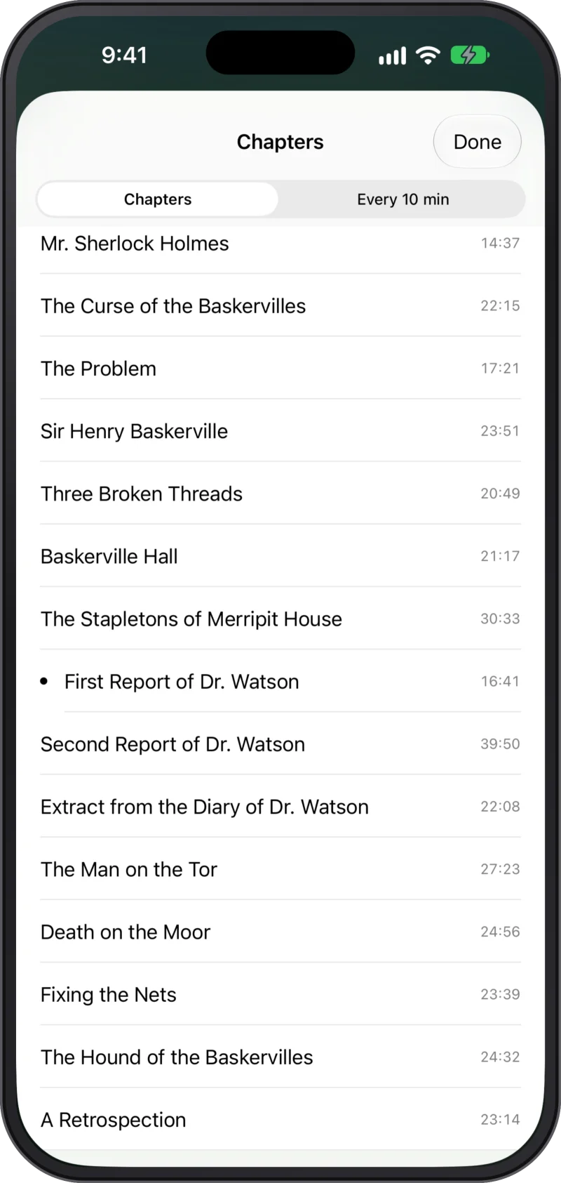 The chapter list of The Hound of the Baskervilles on an iPhone.