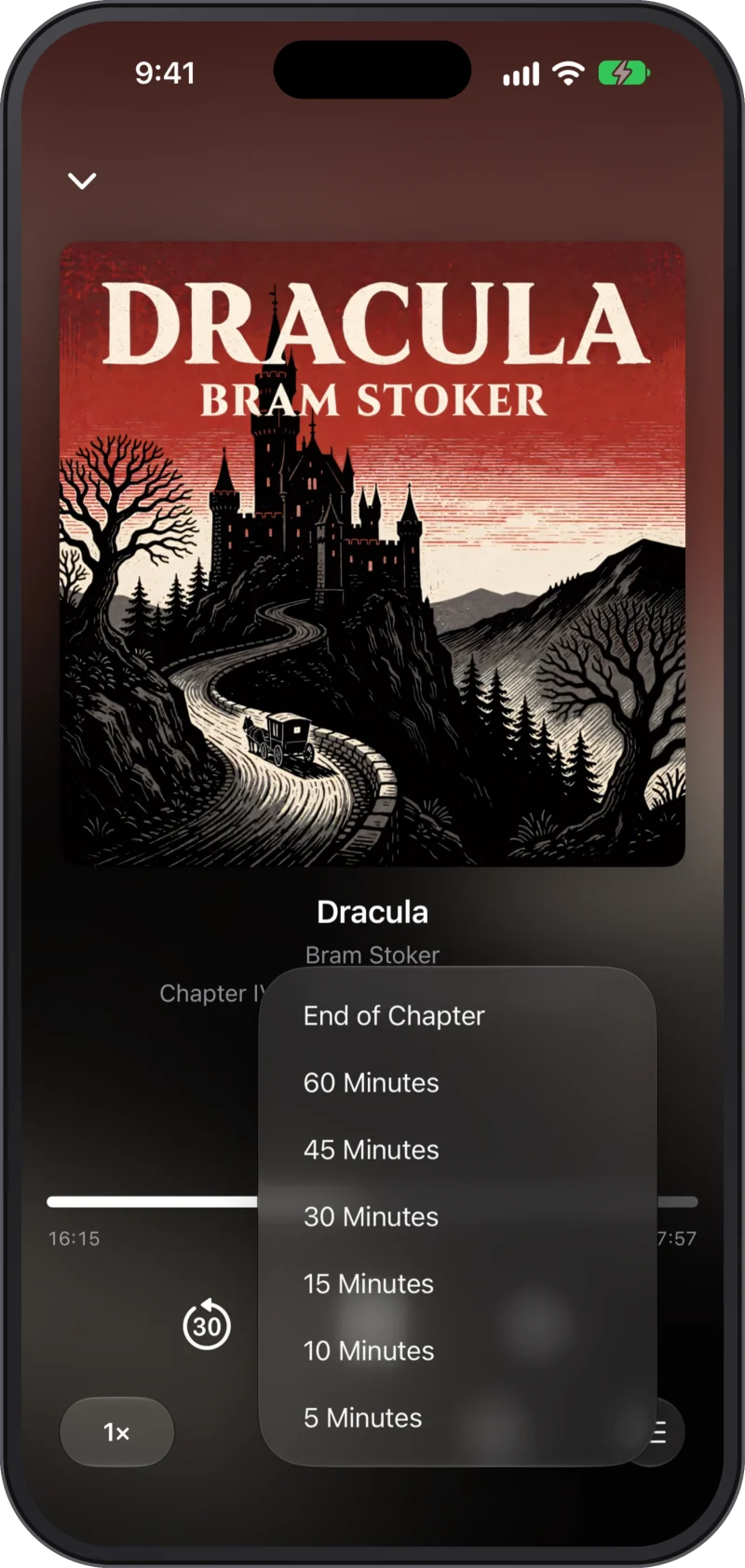 The sleep timer menu on an iPhone, with times and End of Chapter.
