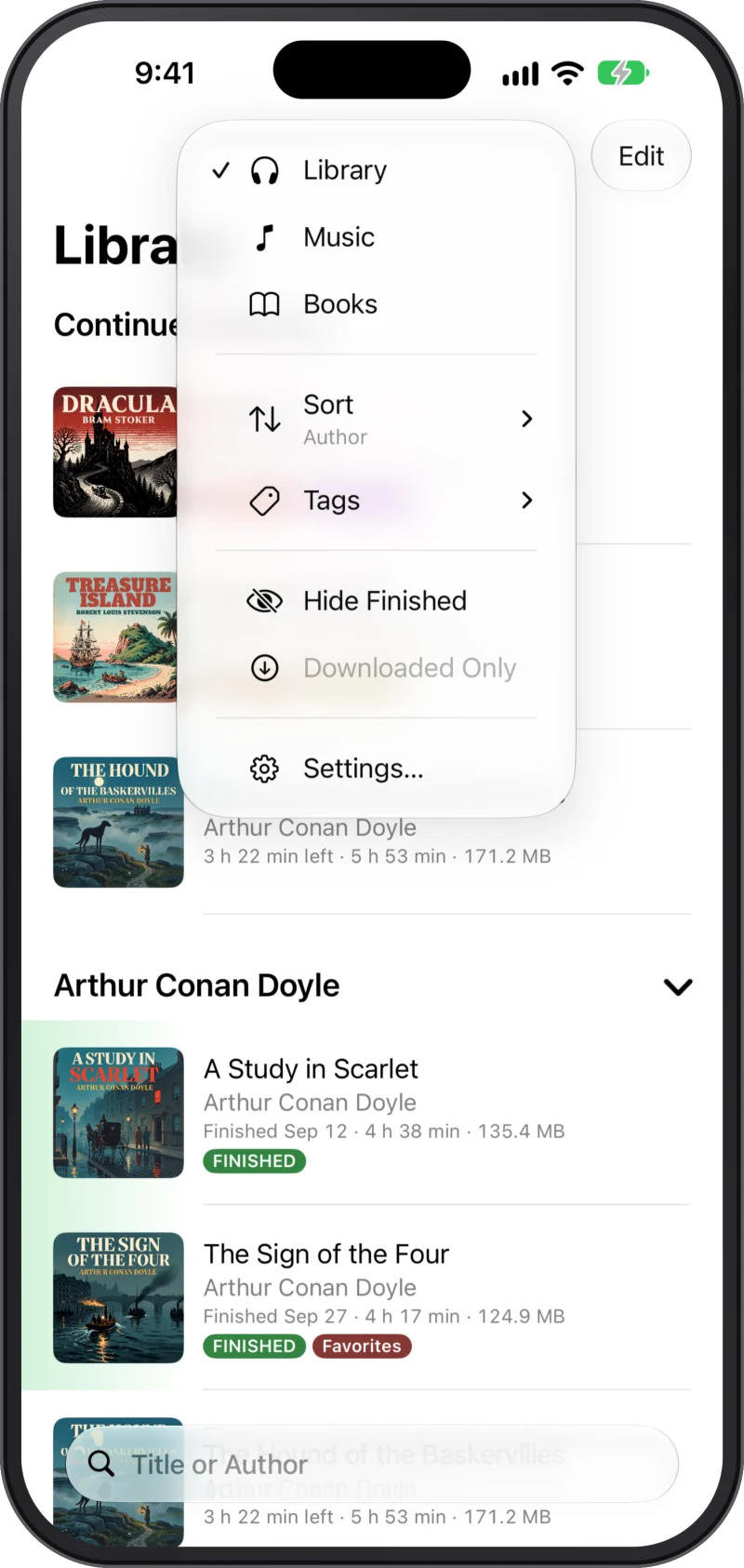 The library's filter menu on an iPhone, with sort, category, tags and Hide Finished.